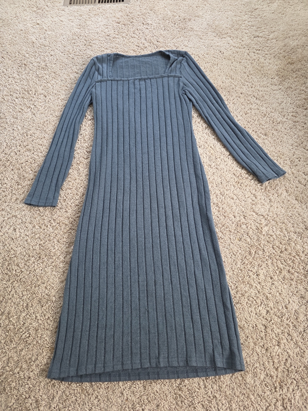 SHEIN Slate Dusty Blue Ribbed Square Neck Long Sleeve Midi Dress
